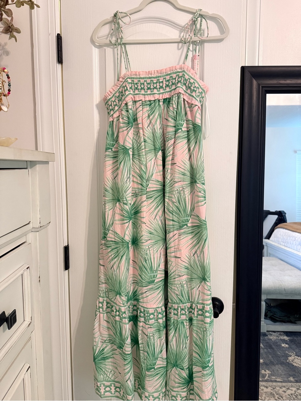 crown & ivy Pink and Green Smocked Tie-Shoulder Maxi Dress